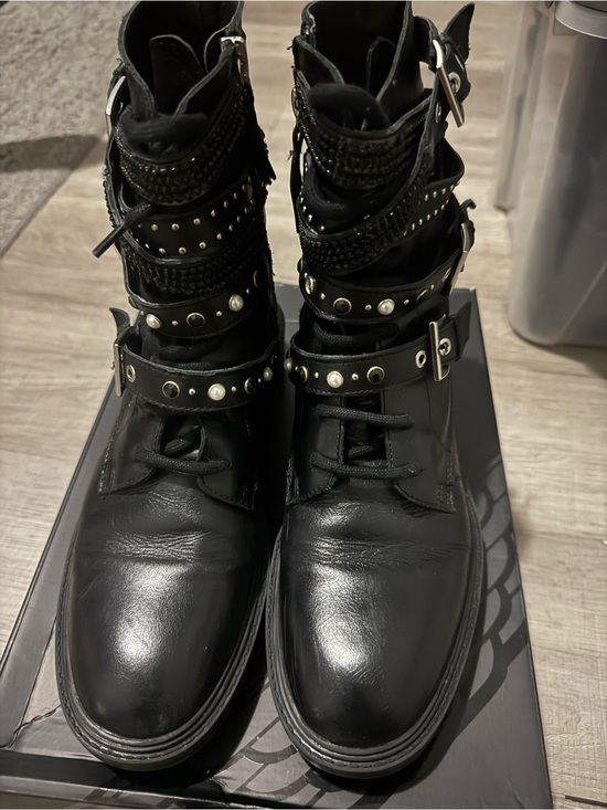 Zara Shoes - Zara Black Studded Buckle Lace-Up Moto Boots